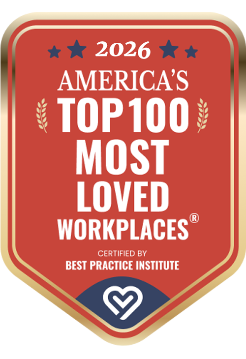2026 America's Top 100 Most Loved Workplaces® badge, certified by Best Practice Institute